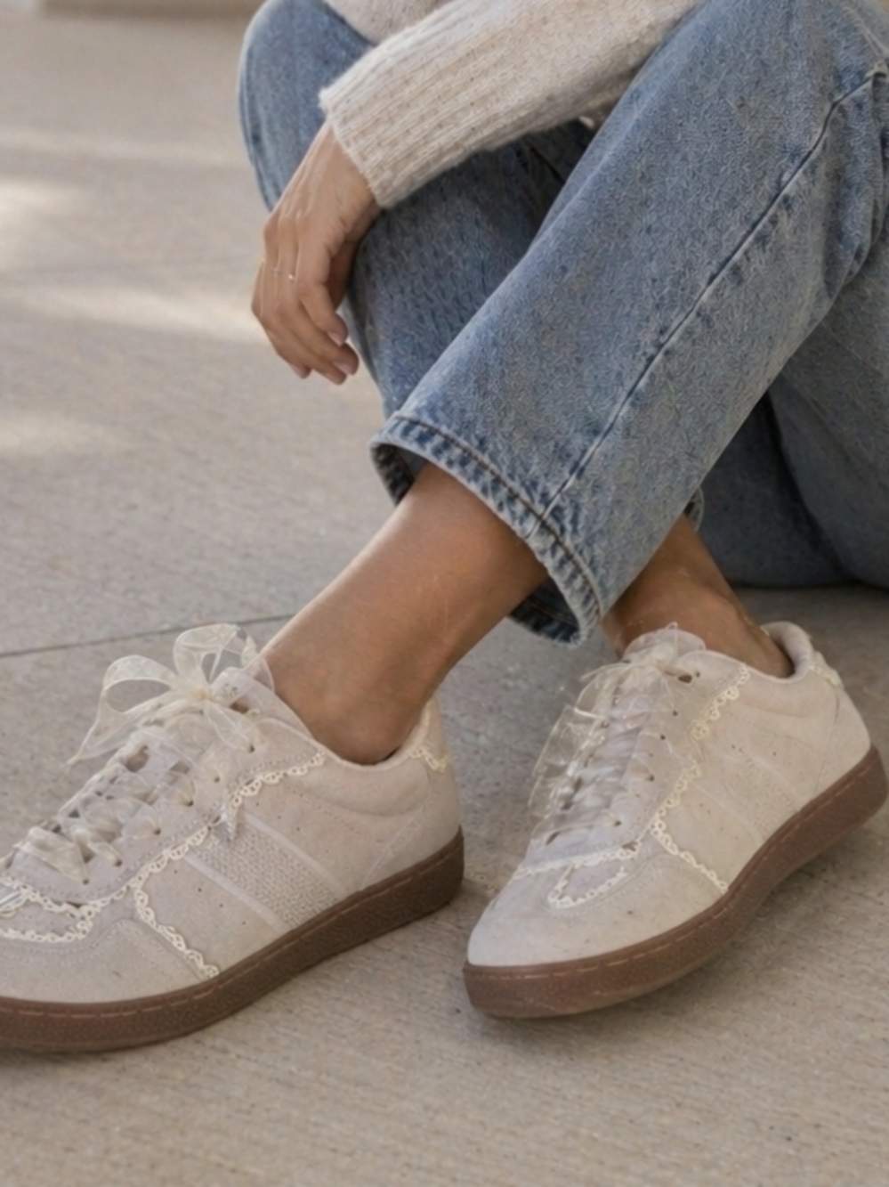 Lace-Trim Casual Sneakers in Beige